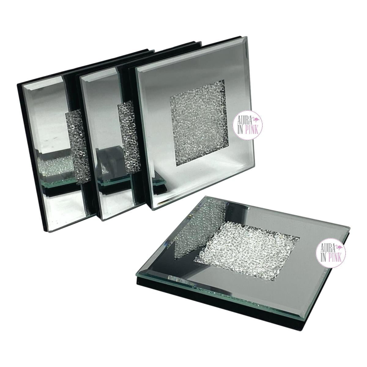 Bread & Butter Silver Diamond Bling Mirrored Glass 4-Piece Coaster Set –  Aura In Pink Inc.